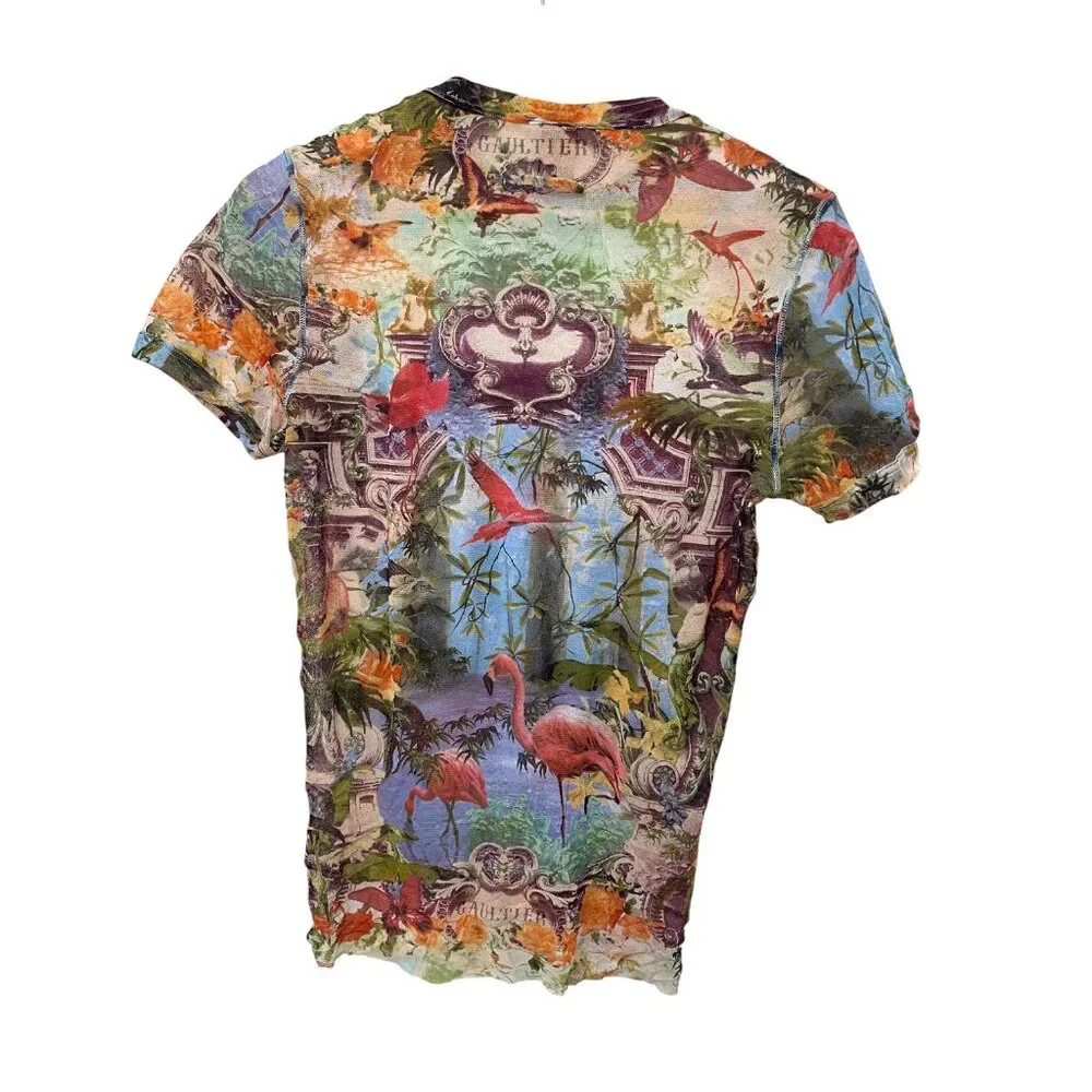 🌟RARE Jean Paul Gaultier Couture Unisex Soleil Mesh Tattoo Flamingo + Floral Top - Picture 3 of 9